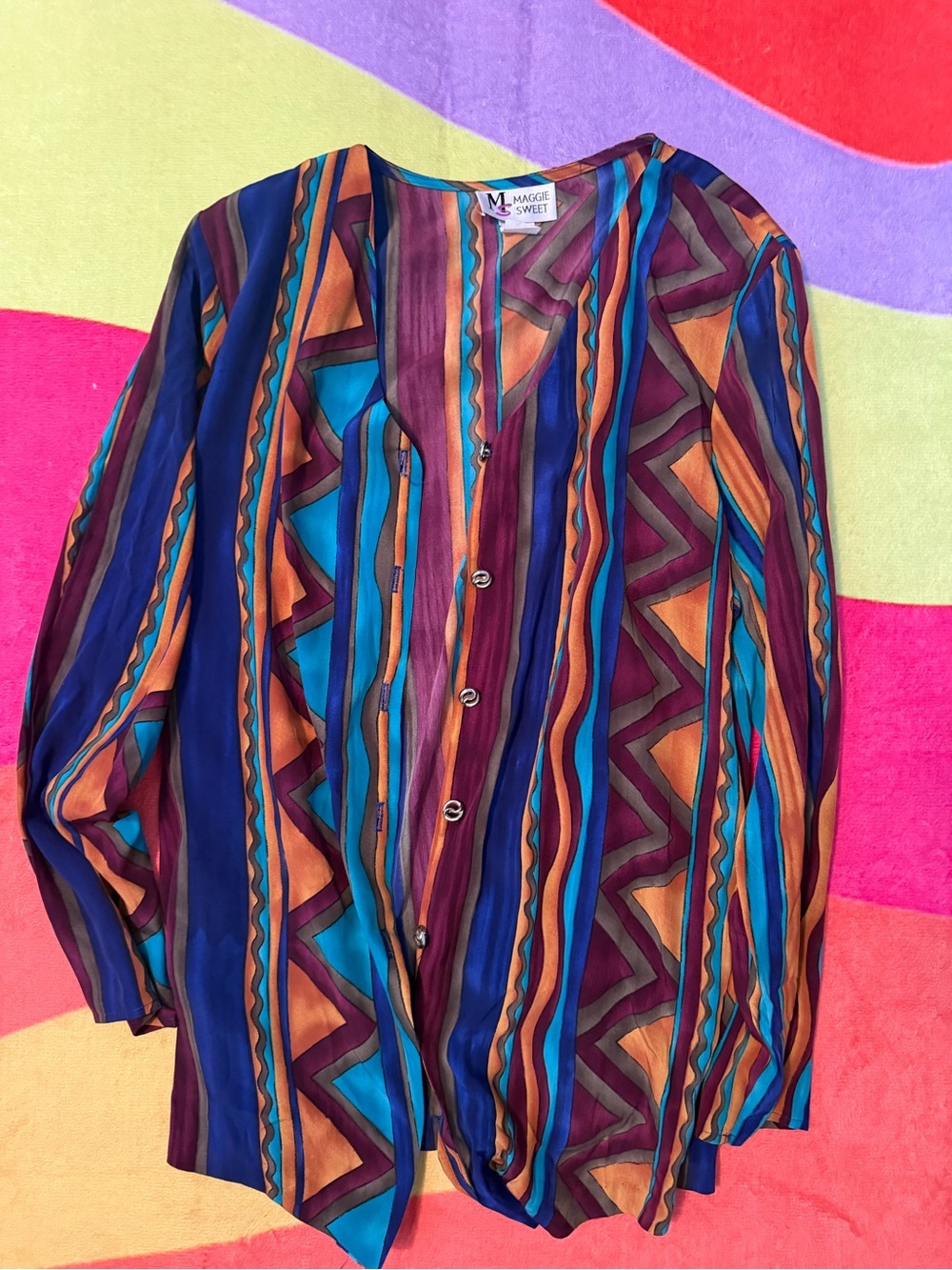 Woman’s vintage Multicolor Geometric Button-Up Shirt - Blue/Turquoise/Orange